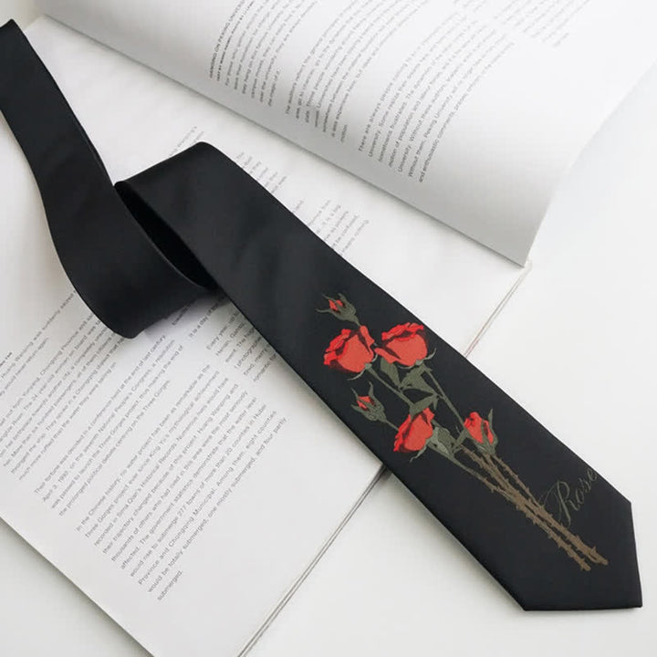 Men's Romantic Black A Bunch Of Red Roses Pattern Necktie - image 3