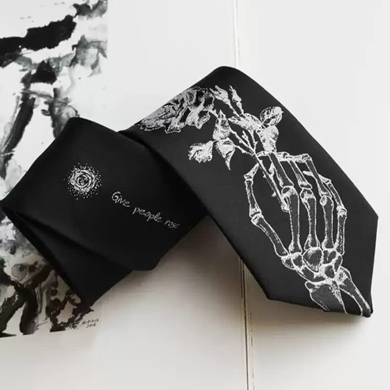 Men's Black & Silver Give People Rose Printed Necktie - Black & Silver - image 0