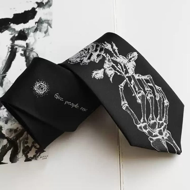 Men's Black & Silver Give People Rose Printed Necktie - Black & Silver - image 0