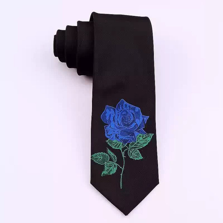 Men's Black Embroidered Rose Blue Enchantress Necktie - Blue - image 5