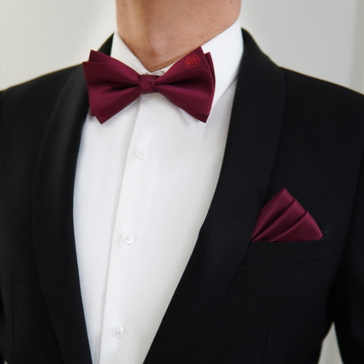 Men's Bugundy Rose Embroidery Handkerchief Bow Tie - image 7