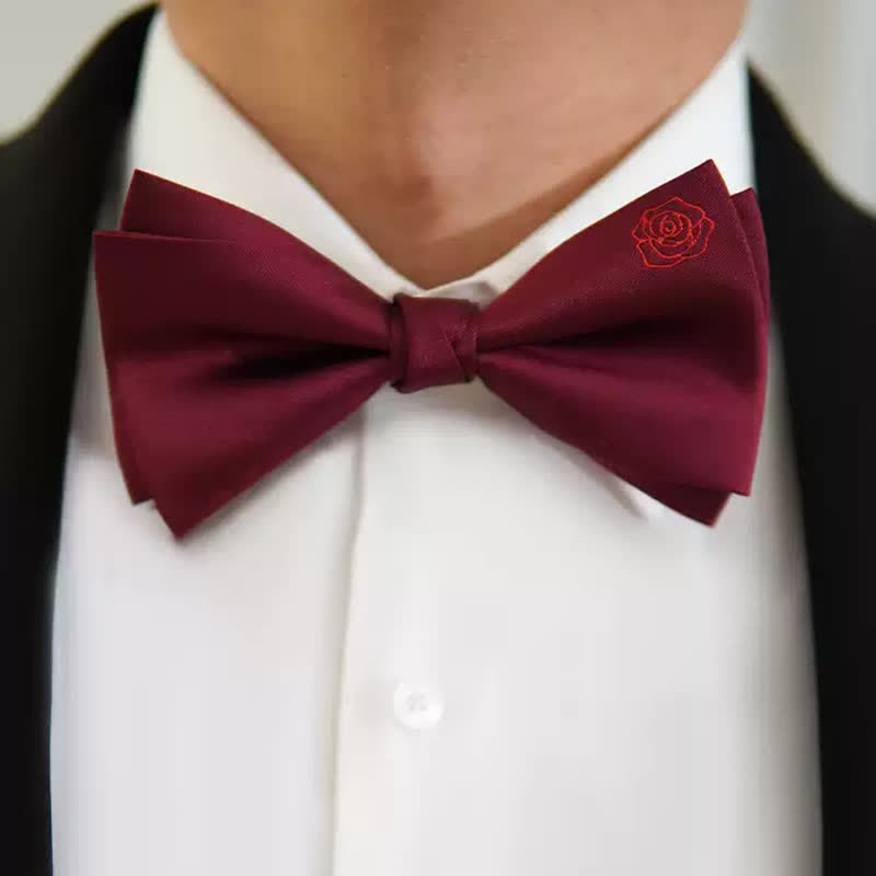 Men's Bugundy Rose Embroidery Handkerchief Bow Tie - image 1