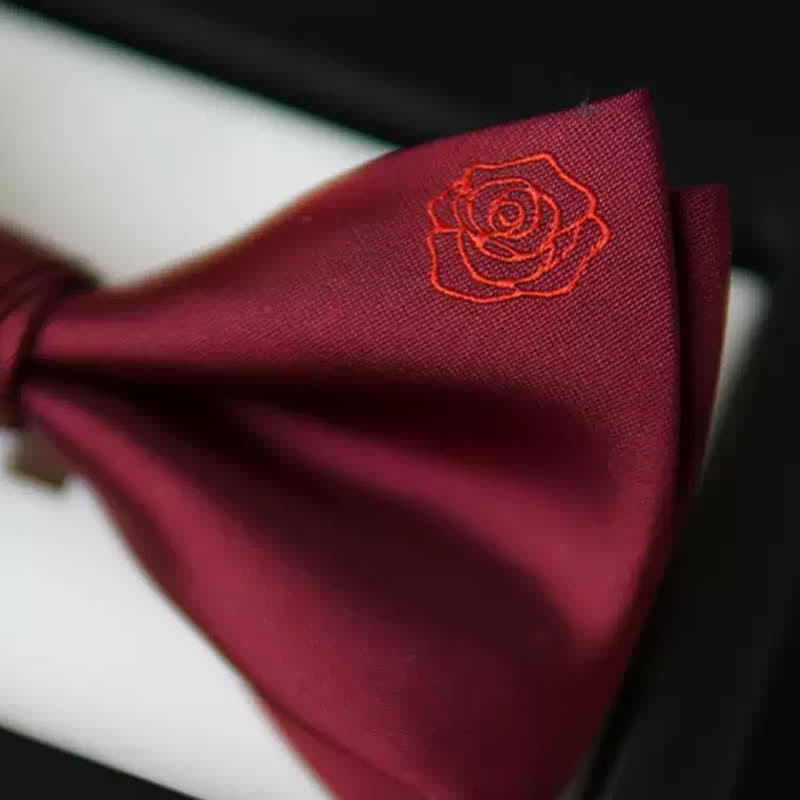 Men's Bugundy Rose Embroidery Handkerchief Bow Tie - image 5