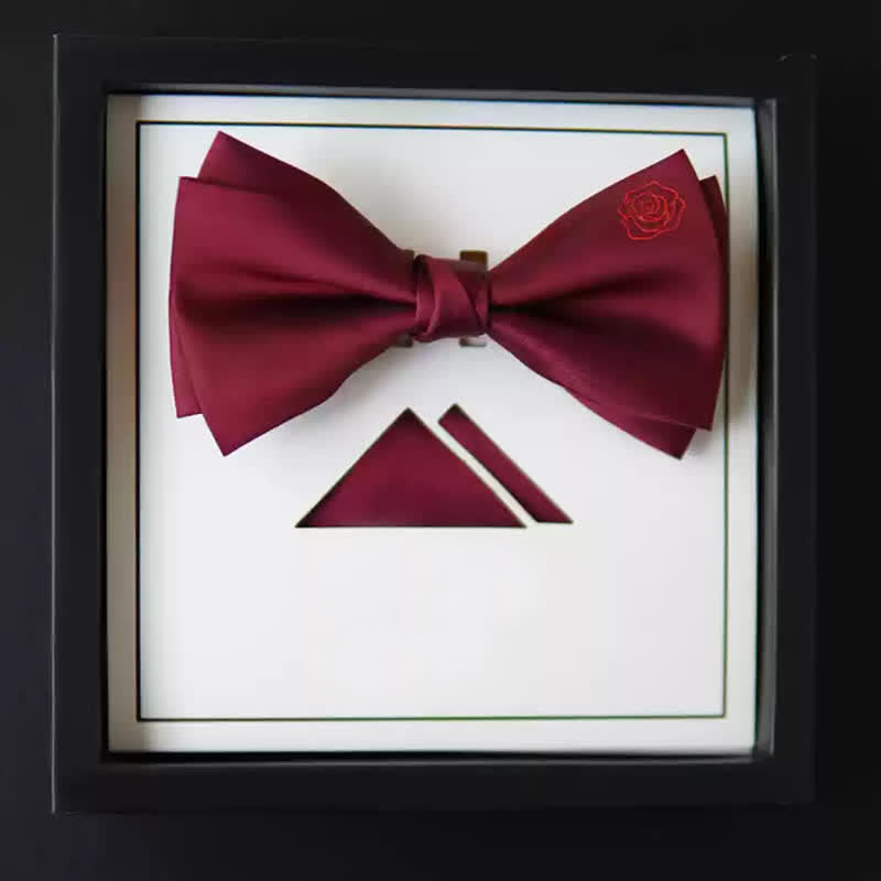 Men's Bugundy Rose Embroidery Handkerchief Bow Tie - Burgundy - Bow Tie + Hanky - image 6