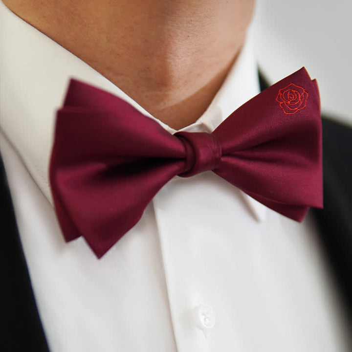 Men's Bugundy Rose Embroidery Handkerchief Bow Tie - image 3
