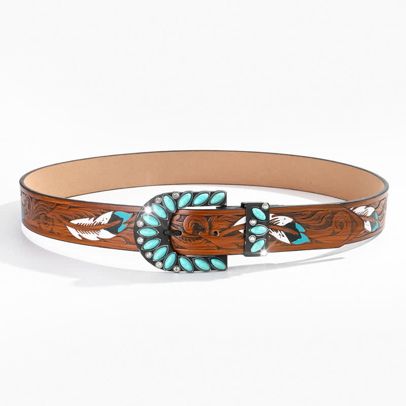 Boho Chic Vintage Feather Print Turquoise Buckle Leather Belt - image 2
