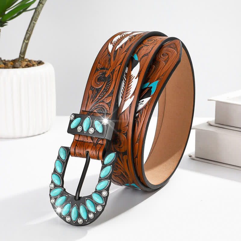 Boho Chic Vintage Feather Print Turquoise Buckle Leather Belt - Feather - 38 - image 0