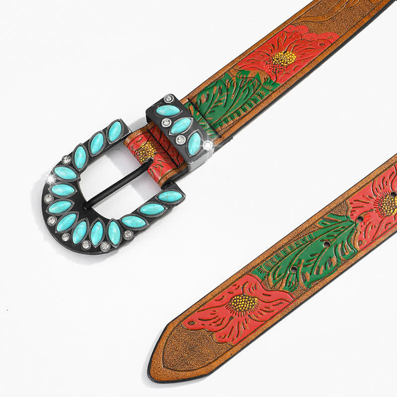 Boho Chic Vintage Feather Print Turquoise Buckle Leather Belt - image 6