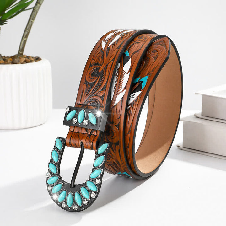 Boho Chic Vintage Feather Print Turquoise Buckle Leather Belt - Feather - 38 - image 0