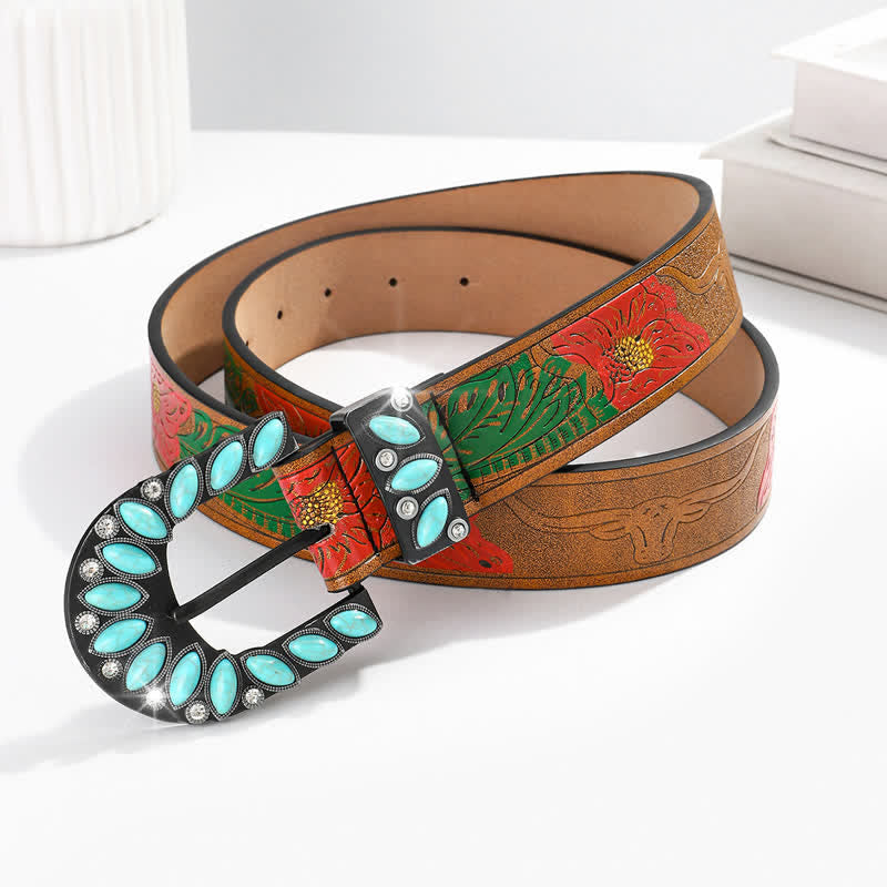 Boho Chic Vintage Feather Print Turquoise Buckle Leather Belt - Flower - 38 - image 4