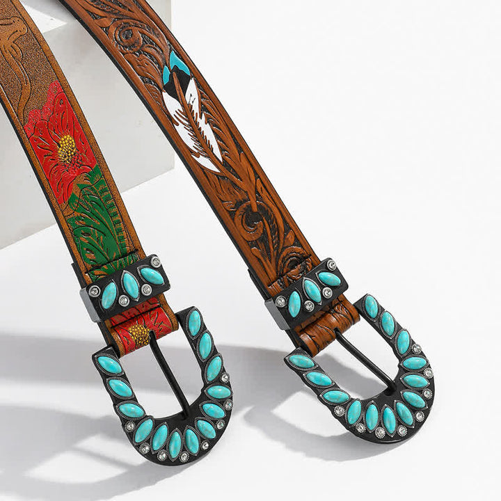 Boho Chic Vintage Feather Print Turquoise Buckle Leather Belt - image 3