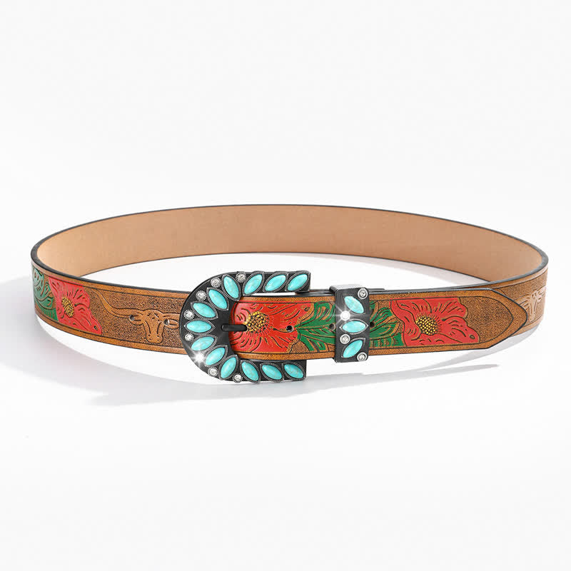 Boho Chic Vintage Feather Print Turquoise Buckle Leather Belt - image 5