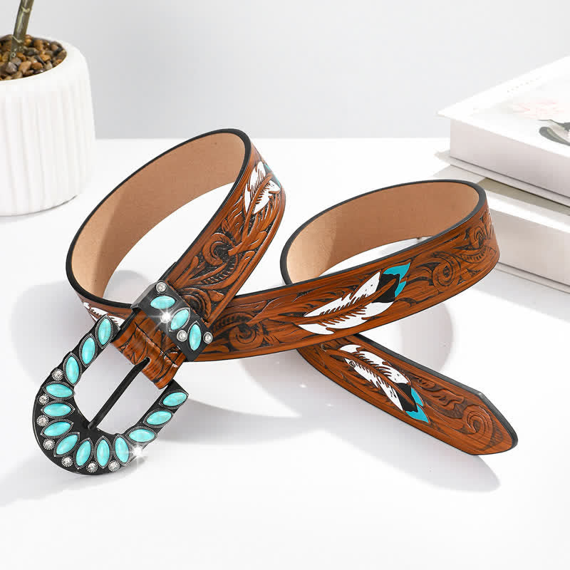 Boho Chic Vintage Feather Print Turquoise Buckle Leather Belt - image 1
