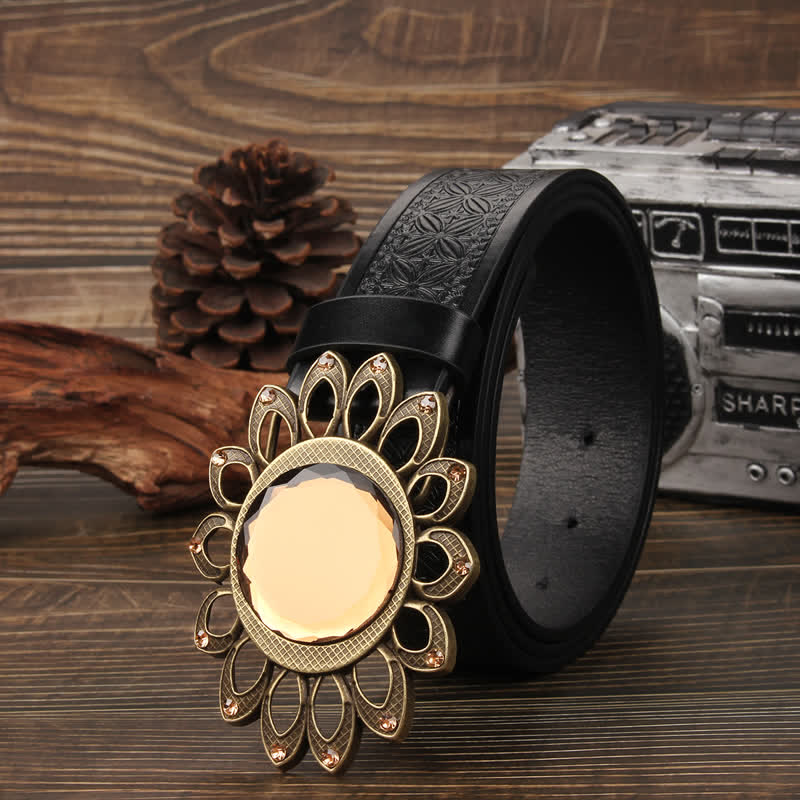 Crystal Burst Sunflower Buckle Leather Belt - image 5