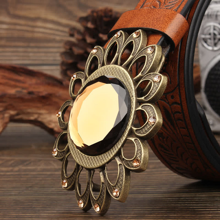 Crystal Burst Sunflower Buckle Leather Belt - image 3