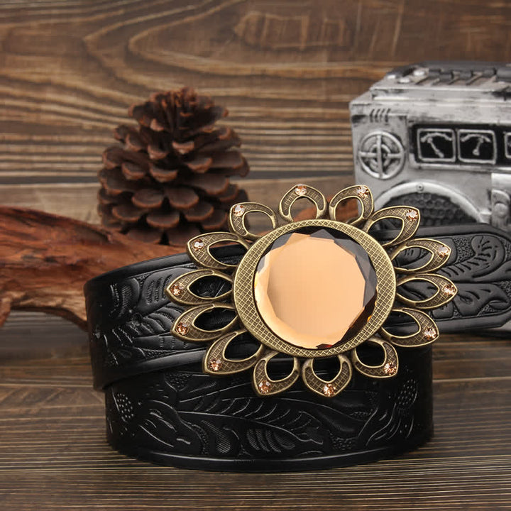 Crystal Burst Sunflower Buckle Leather Belt - Black Floral - 42 - image 6