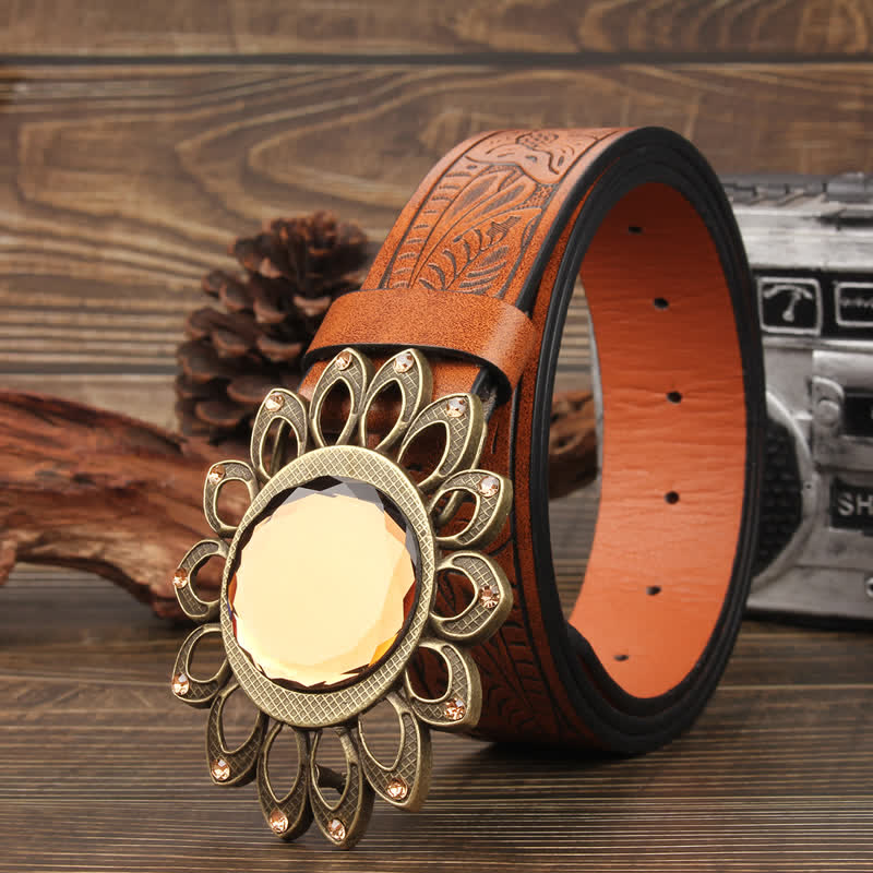 Crystal Burst Sunflower Buckle Leather Belt - Dark Orange Floral - 42 - image 0