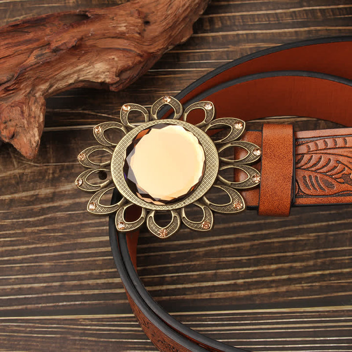Crystal Burst Sunflower Buckle Leather Belt - image 2