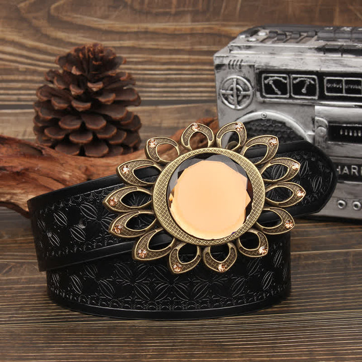 Crystal Burst Sunflower Buckle Leather Belt - Black Weave - 42 - image 4
