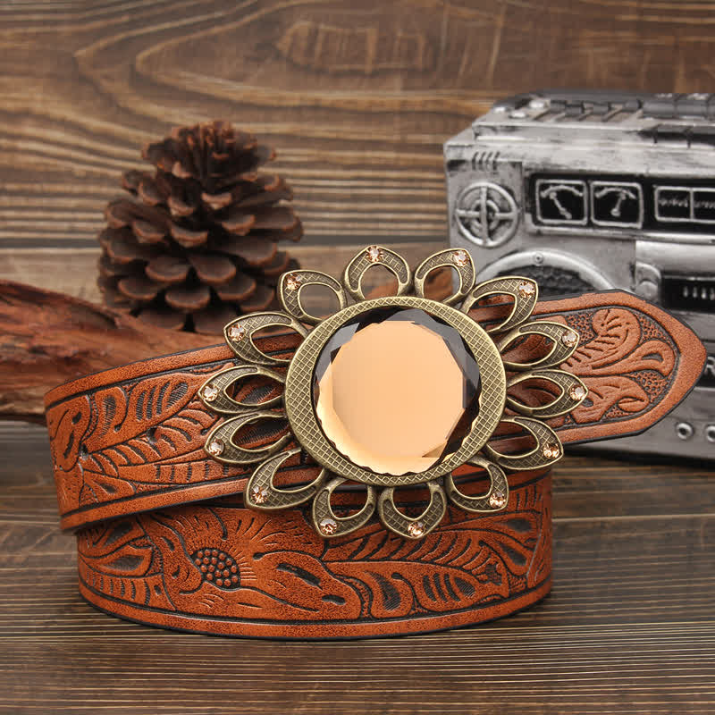 Crystal Burst Sunflower Buckle Leather Belt - image 1