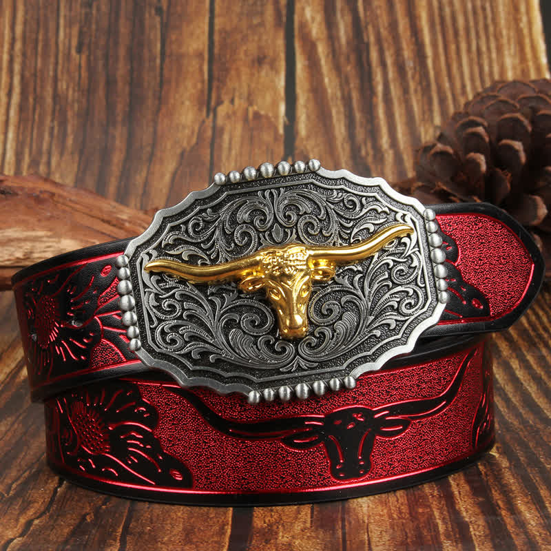 Weatern Gold Longhorn Bull Head Colorful Leather Belt - Red - 42 - image 11