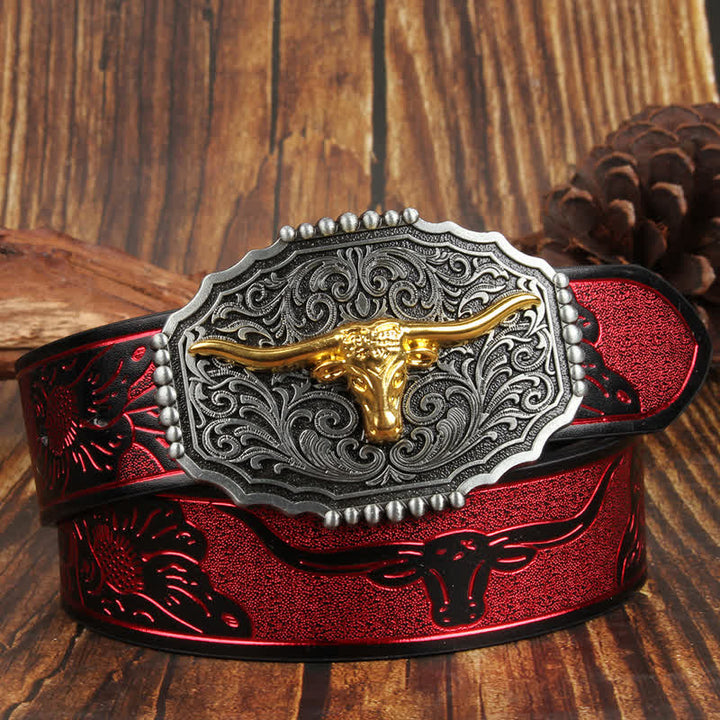 Weatern Gold Longhorn Bull Head Colorful Leather Belt - Red - 42 - image 11