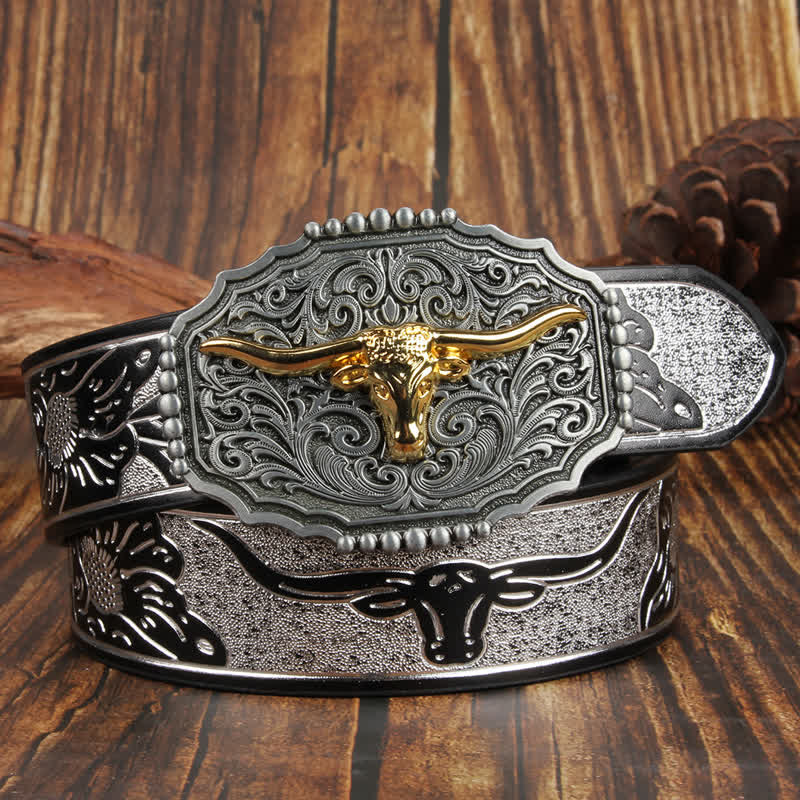 Weatern Gold Longhorn Bull Head Colorful Leather Belt - Silver - 42 - image 8