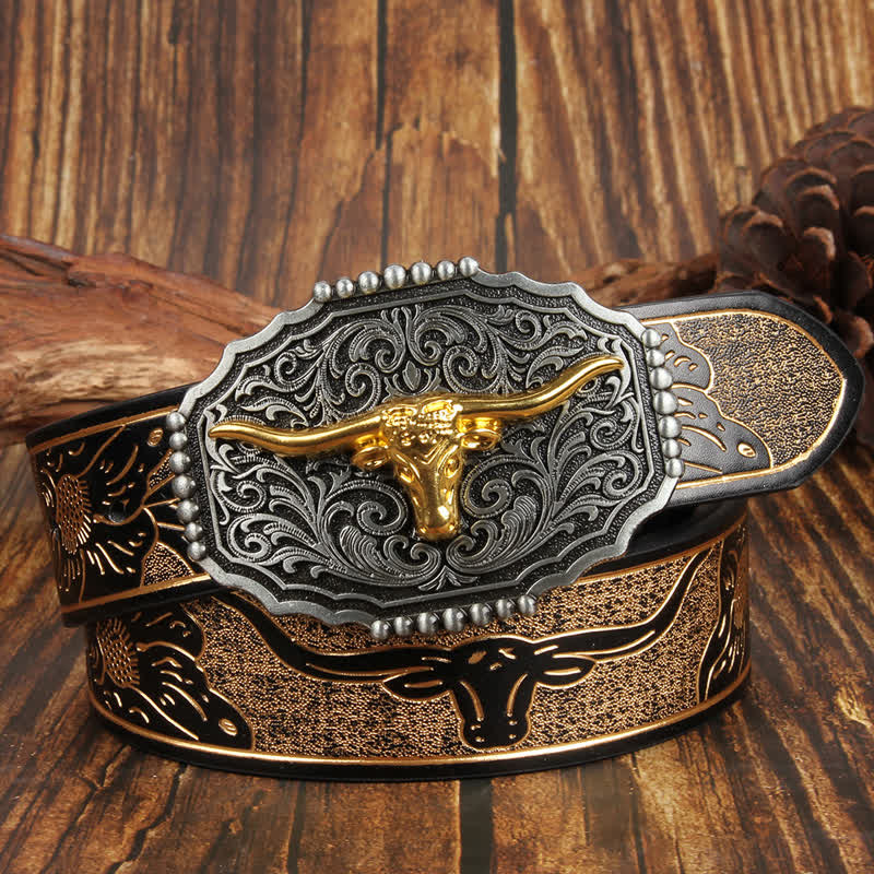 Weatern Gold Longhorn Bull Head Colorful Leather Belt - Gold - 42 - image 1