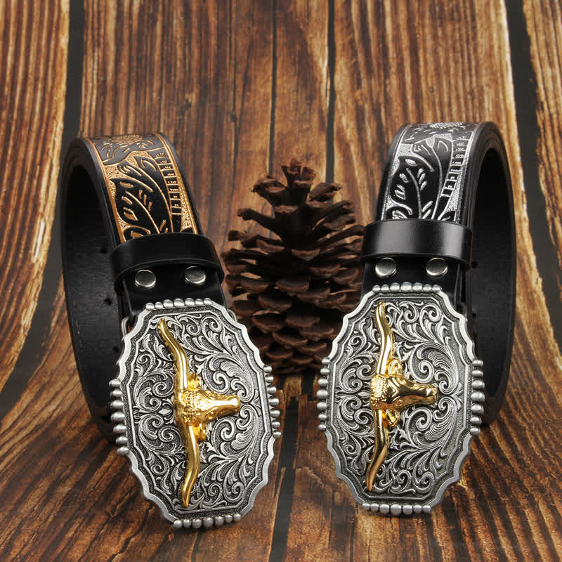 Weatern Gold Longhorn Bull Head Colorful Leather Belt - image 6