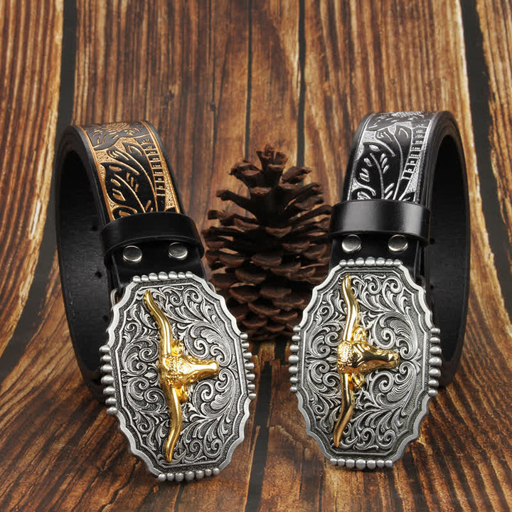 Weatern Gold Longhorn Bull Head Colorful Leather Belt - image 6