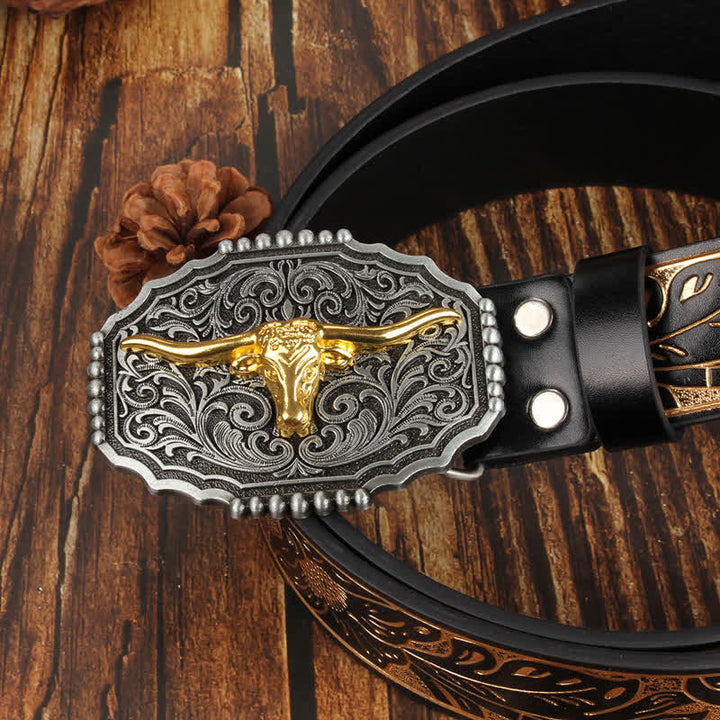 Weatern Gold Longhorn Bull Head Colorful Leather Belt - image 3