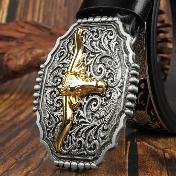 Weatern Gold Longhorn Bull Head Colorful Leather Belt - image 4