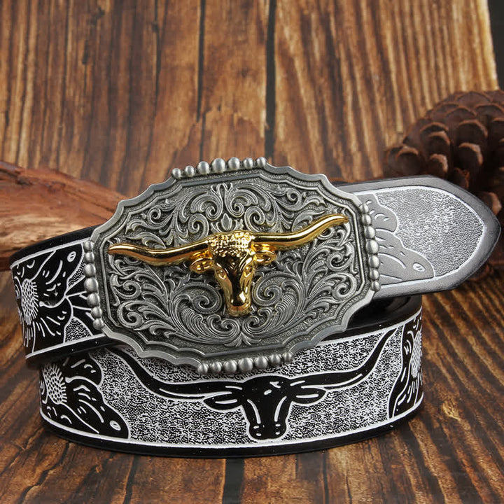 Weatern Gold Longhorn Bull Head Colorful Leather Belt - White - 42 - image 10