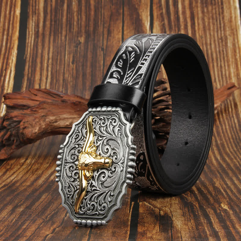 Weatern Gold Longhorn Bull Head Colorful Leather Belt - image 9