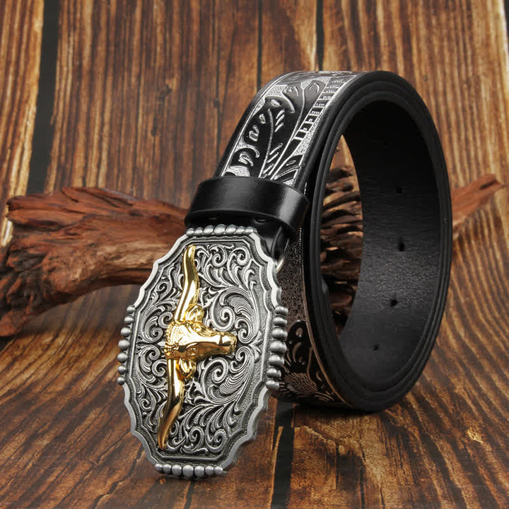 Weatern Gold Longhorn Bull Head Colorful Leather Belt - image 9