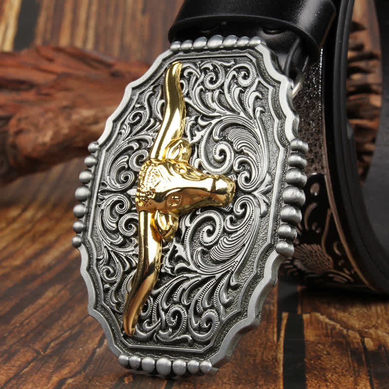 Weatern Gold Longhorn Bull Head Colorful Leather Belt - image 4