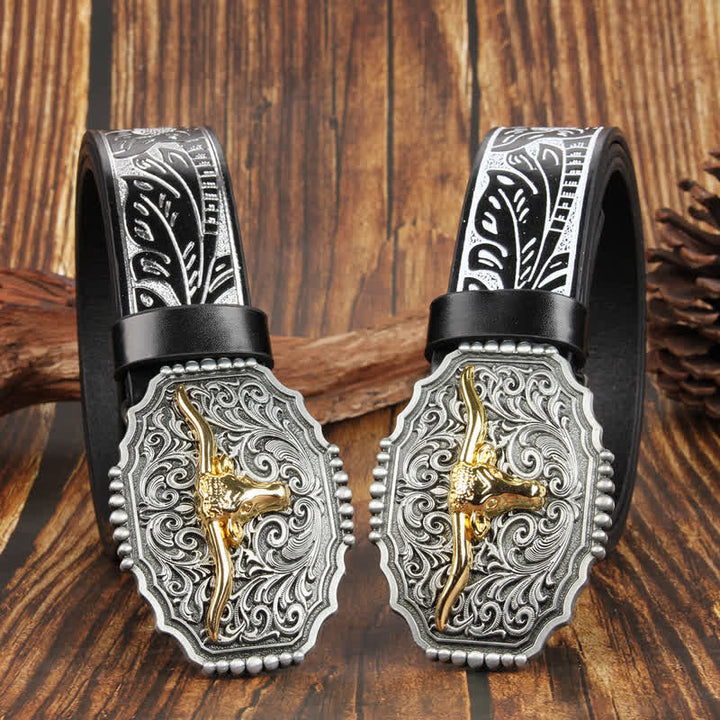 Weatern Gold Longhorn Bull Head Colorful Leather Belt - image 7