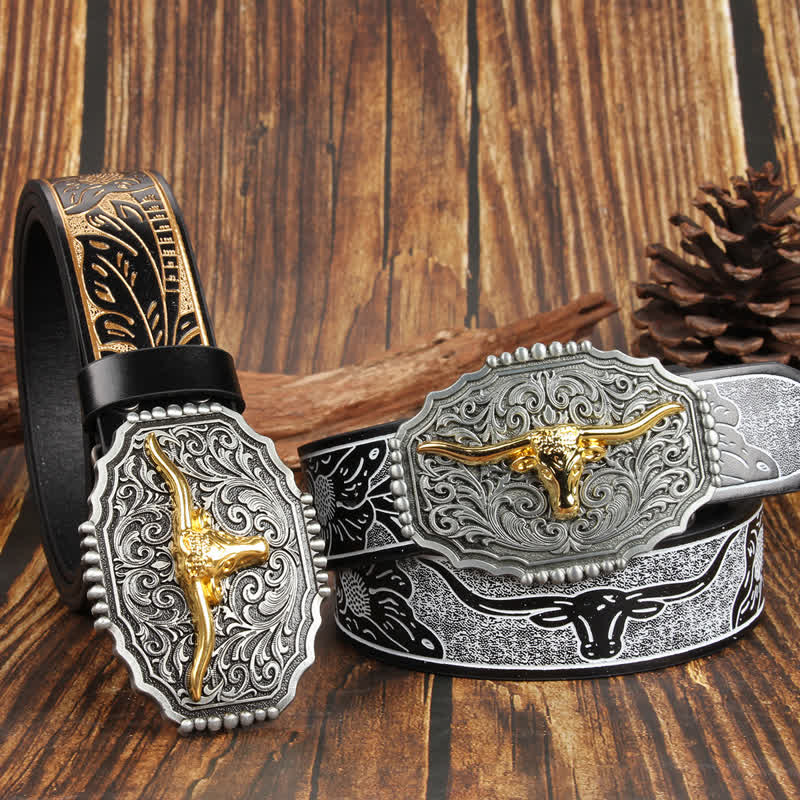 Weatern Gold Longhorn Bull Head Colorful Leather Belt - image 5