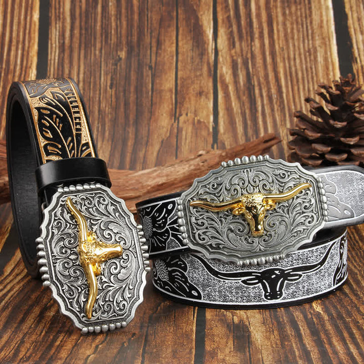Weatern Gold Longhorn Bull Head Colorful Leather Belt - image 5
