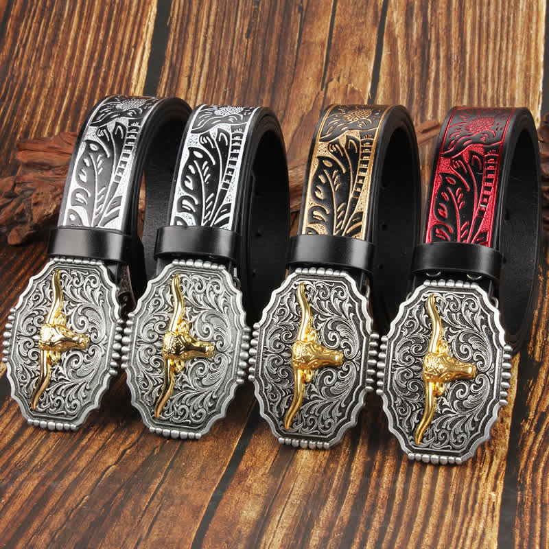 Weatern Gold Longhorn Bull Head Colorful Leather Belt - image 0