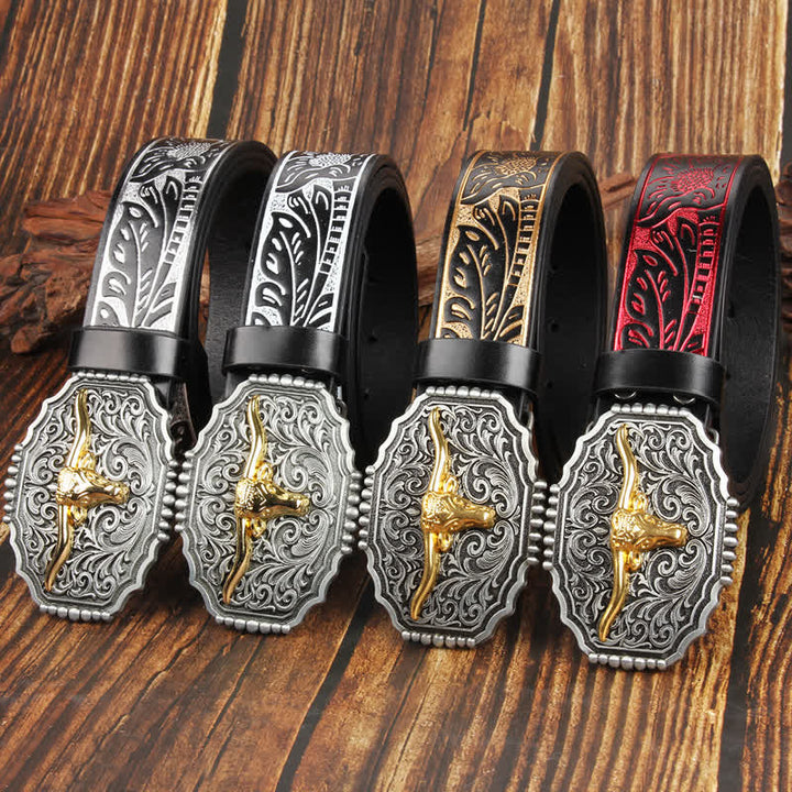 Weatern Gold Longhorn Bull Head Colorful Leather Belt - image 0