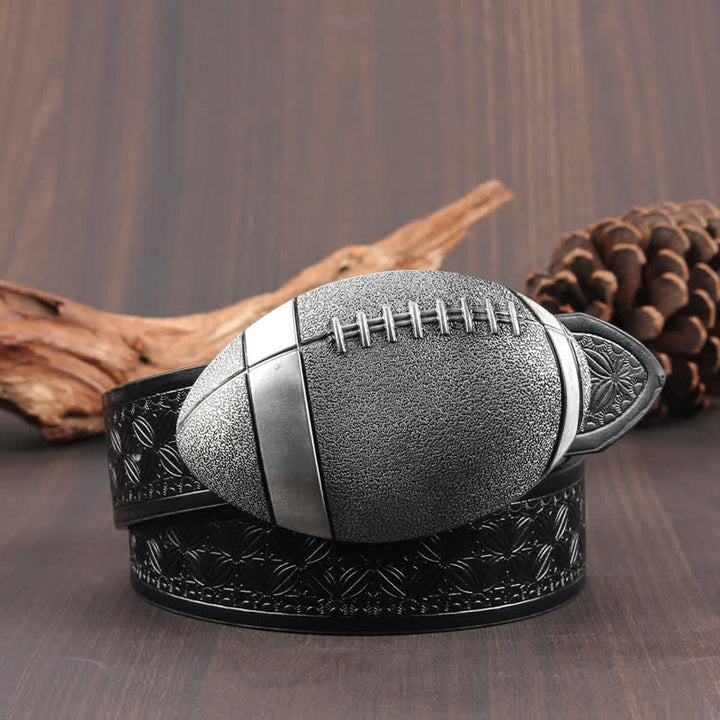 Novelty American Football Buckle Leather Belt - Black Weave / Silver - 42 - image 4