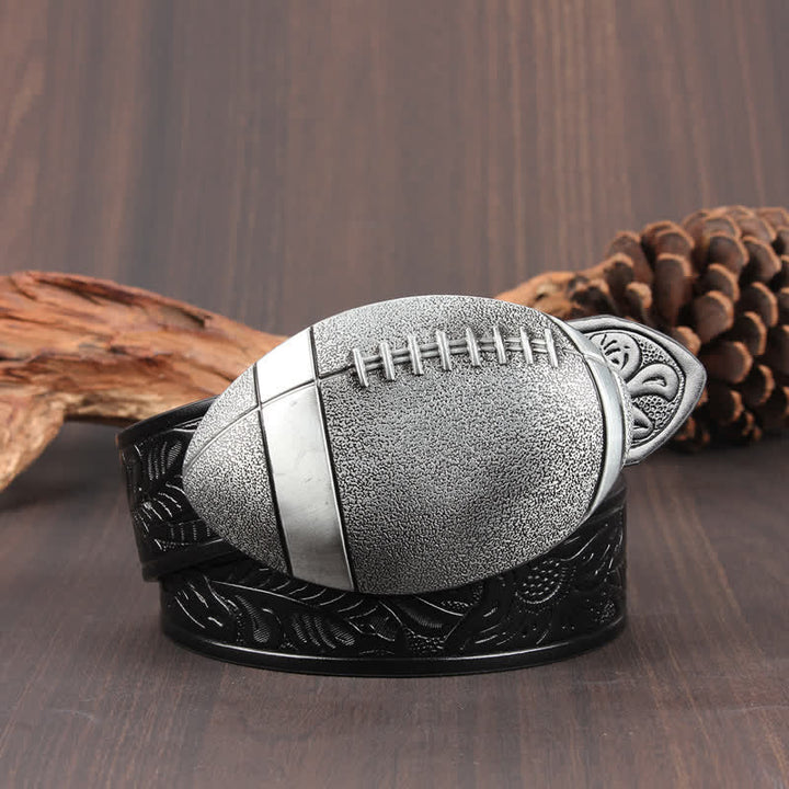 Novelty American Football Buckle Leather Belt - Black Floral / Silver - 42 - image 8