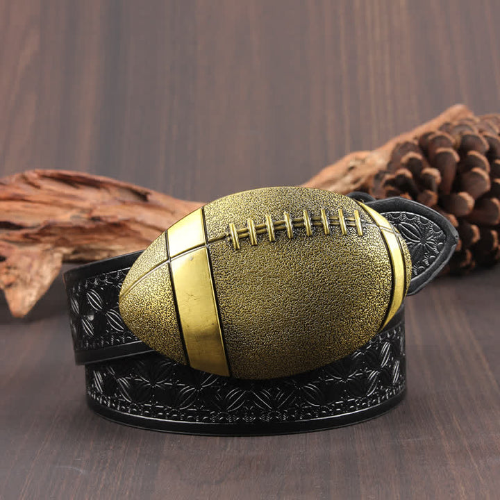 Novelty American Football Buckle Leather Belt - Black Weave / Gold - 42 - image 3