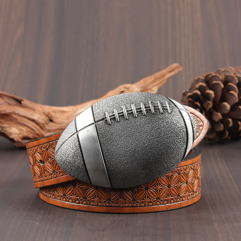 Novelty American Football Buckle Leather Belt - Dark Orange Weave / Silver - 42 - image 2