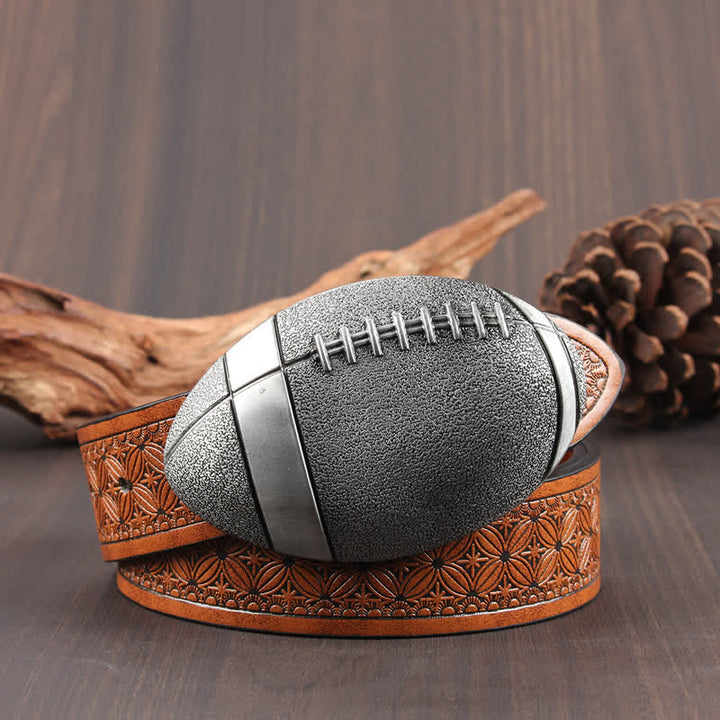 Novelty American Football Buckle Leather Belt - Dark Orange Weave / Silver - 42 - image 2