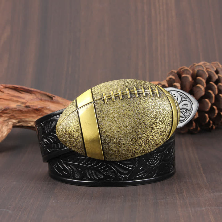 Novelty American Football Buckle Leather Belt - Black Floral / Gold - 42 - image 6
