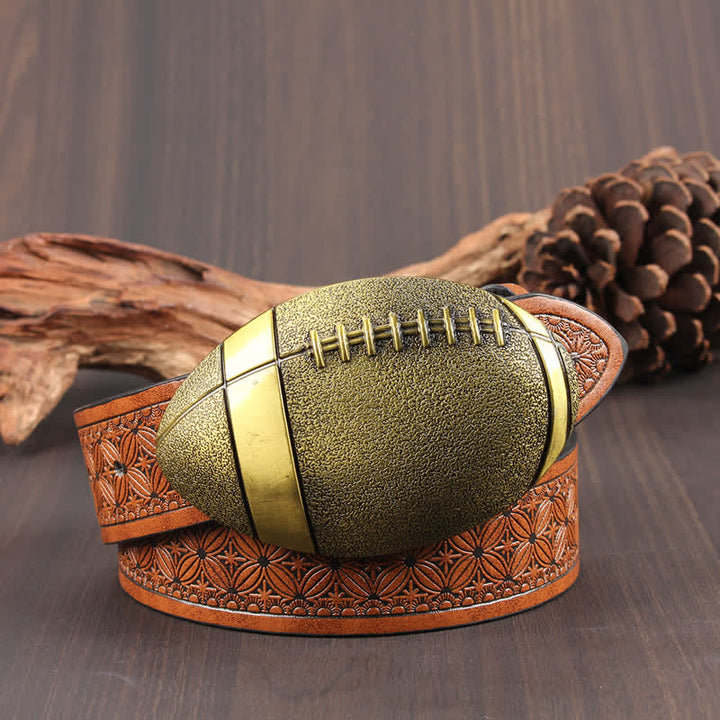 Novelty American Football Buckle Leather Belt - Dark Orange Weave / Gold - 42 - image 1