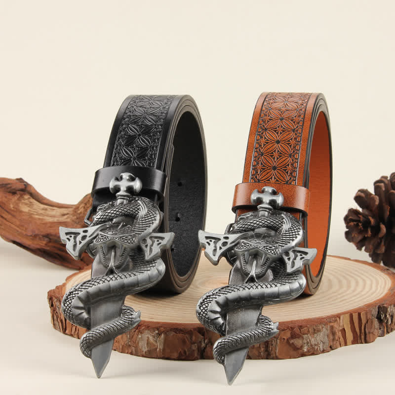 Men's Silver 3D The Dagger & The Cobra Buckle Leather Belt - image 0