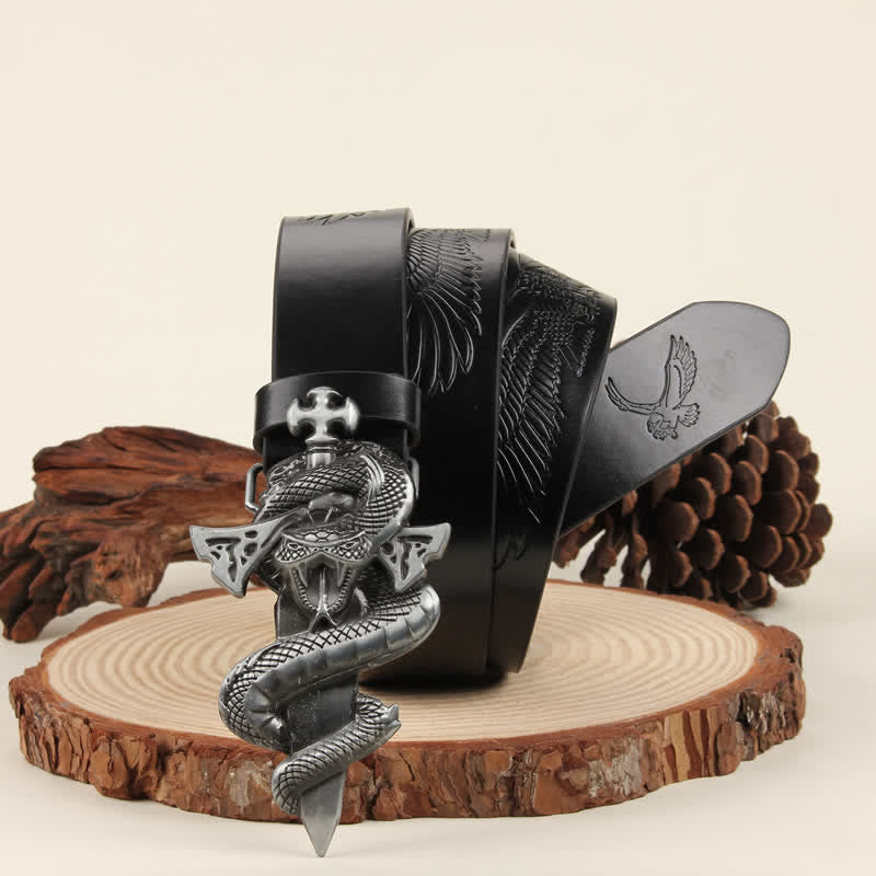 Men's Silver 3D The Dagger & The Cobra Buckle Leather Belt - Black Eagle - 42 - image 4